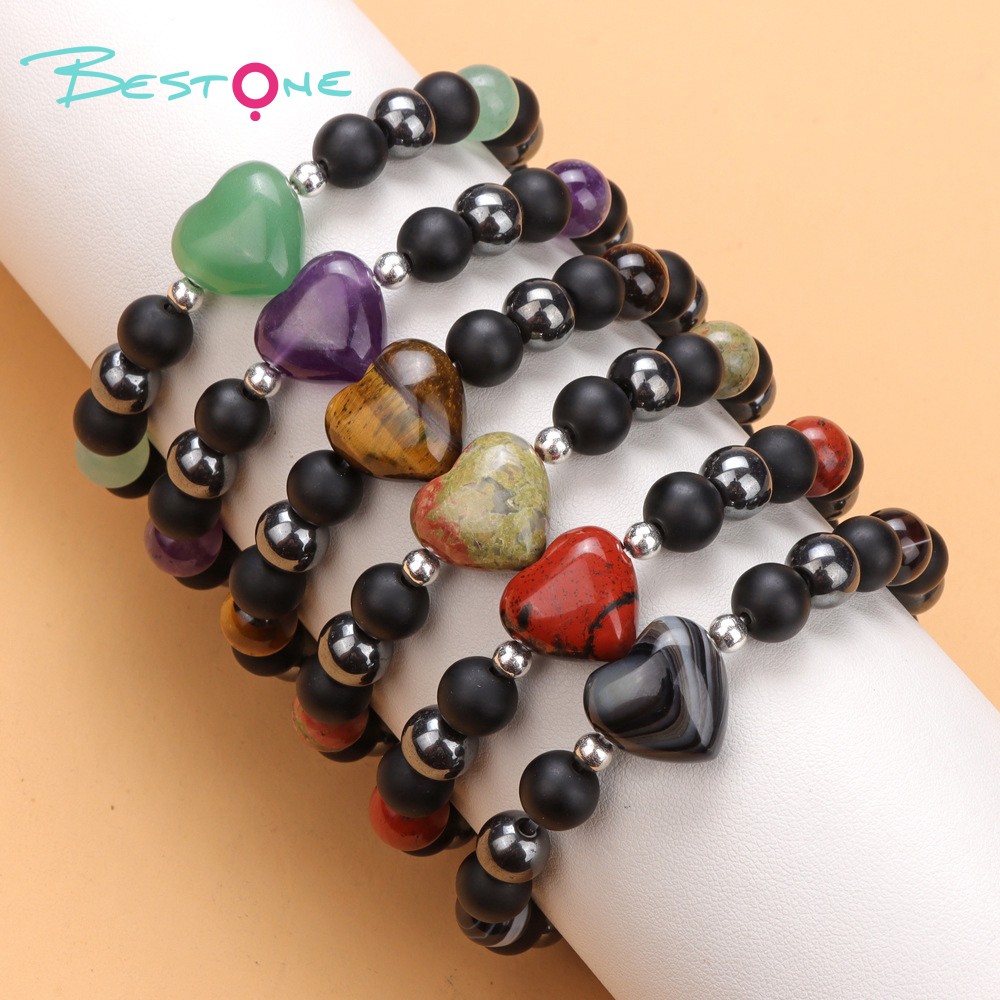 Heart Charm Gemstone Stretch Bracelet (15mm Heart, 8mm Gemstone, Matte Black Glass & Black Agate, 19cm+2)