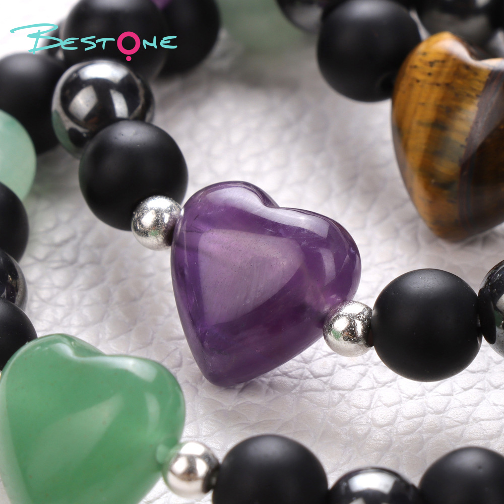 Heart Charm Gemstone Stretch Bracelet (15mm Heart, 8mm Gemstone, Matte Black Glass & Black Agate, 19cm+2)