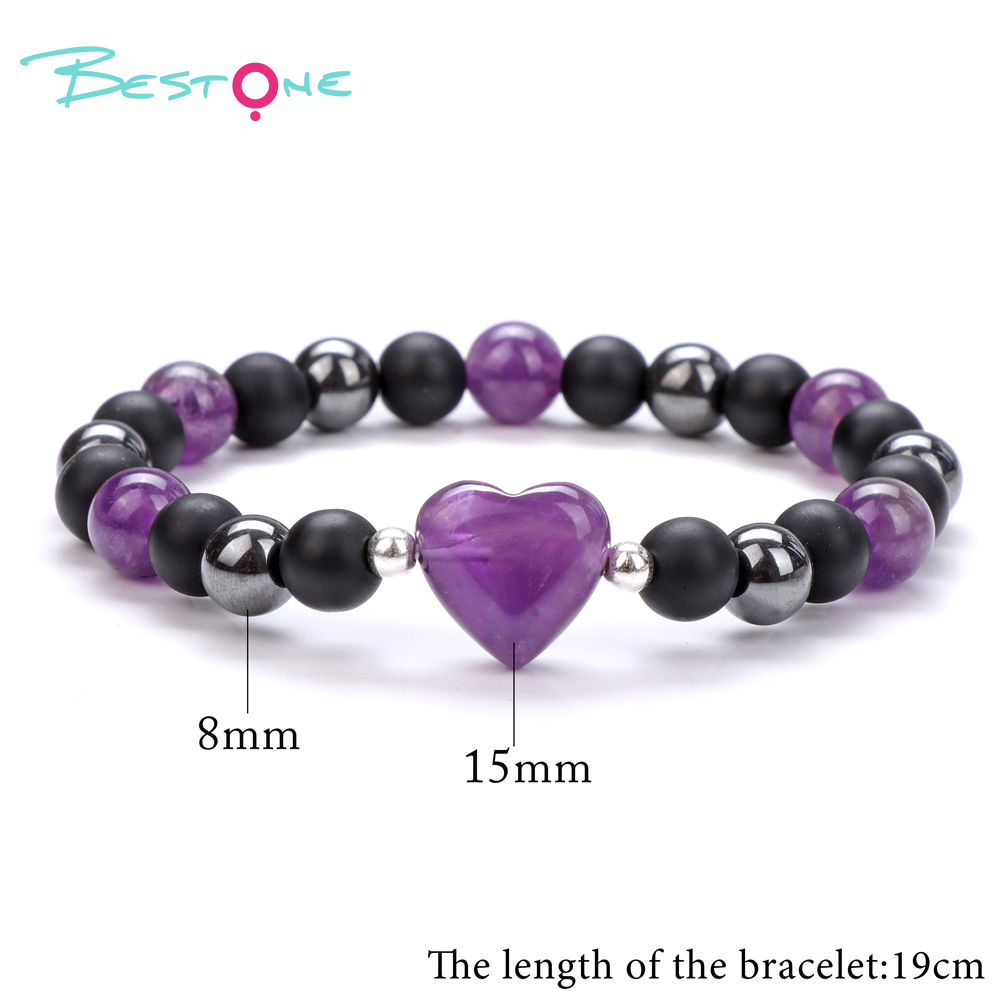 Heart Charm Gemstone Stretch Bracelet (15mm Heart, 8mm Gemstone, Matte Black Glass & Black Agate, 19cm+2)