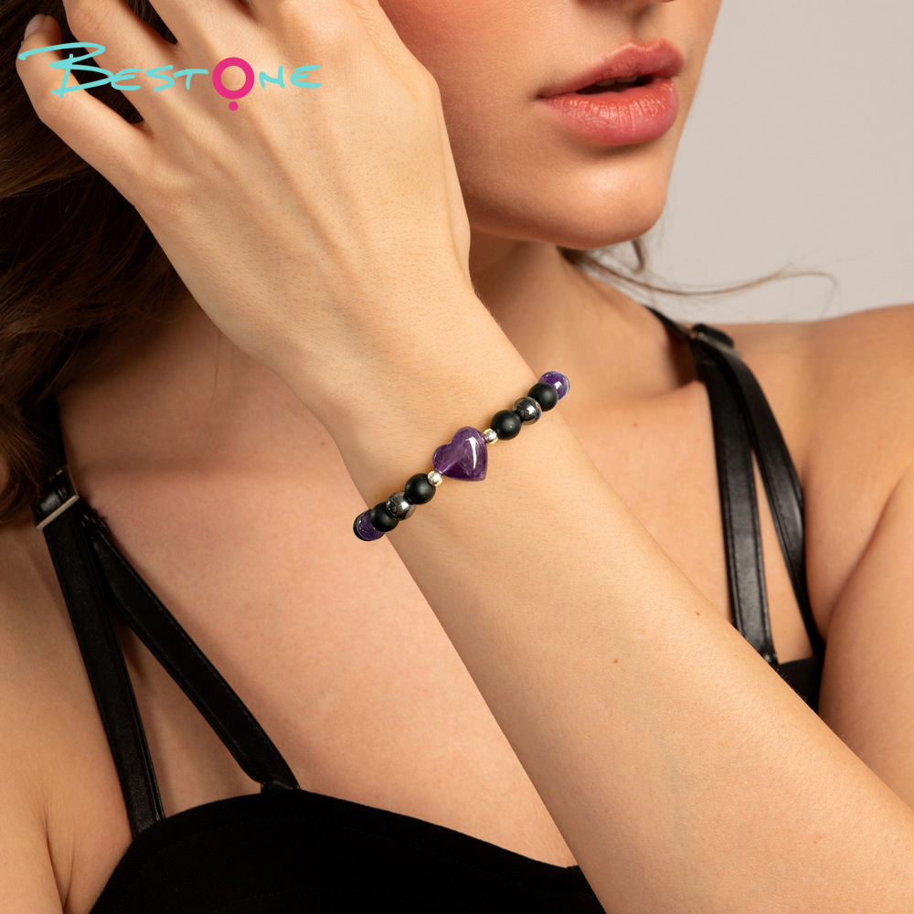 Heart Charm Gemstone Stretch Bracelet (15mm Heart, 8mm Gemstone, Matte Black Glass & Black Agate, 19cm+2)