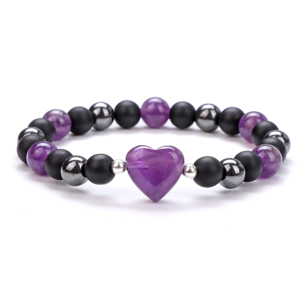 Heart Charm Gemstone Stretch Bracelet (15mm Heart, 8mm Gemstone, Matte Black Glass & Black Agate, 19cm+2)