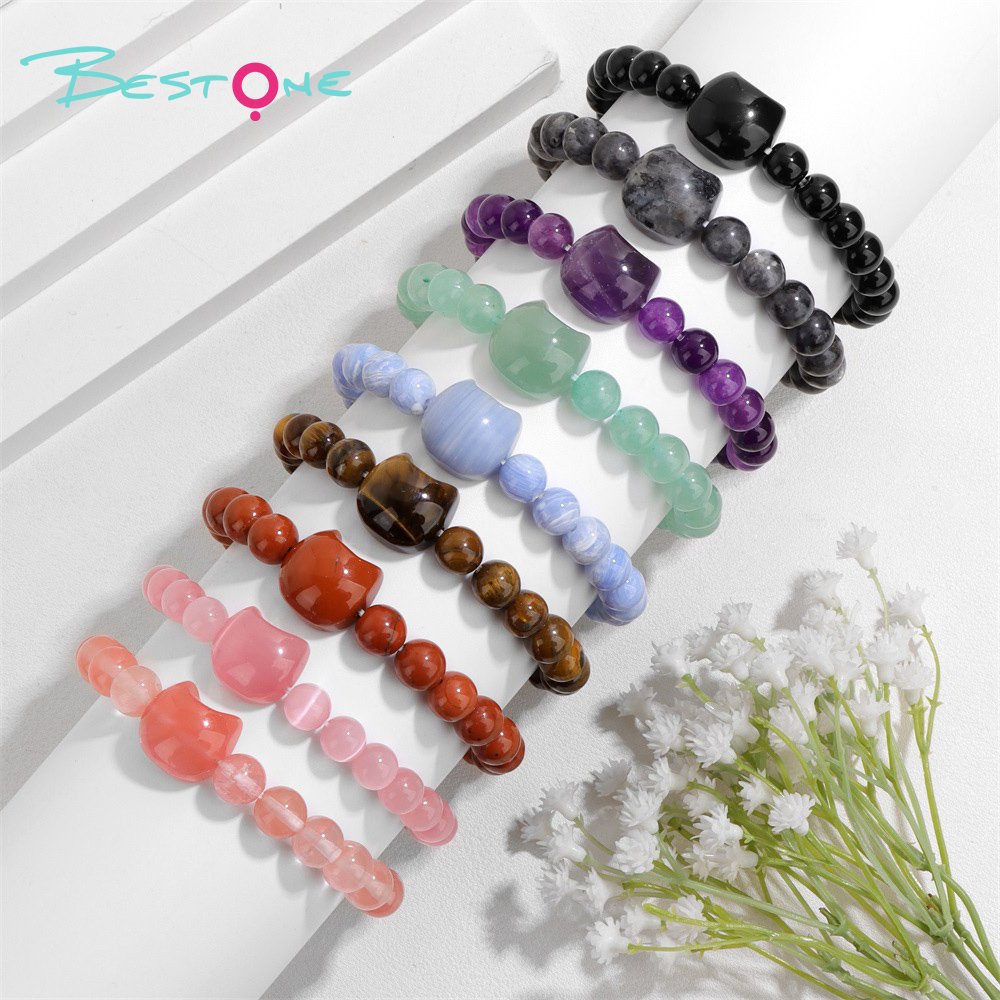 Cat Head Gemstone Stretch Bracelet