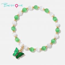 Two-Tone Cat Eye Beaded Bracelet with Gold Beads & Matching Butterfly Charm