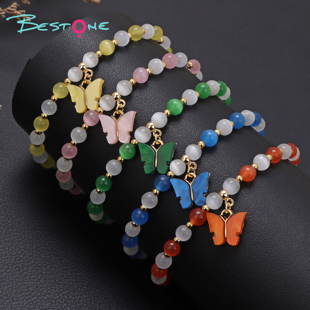 Two-Tone Cat Eye Beaded Bracelet with Gold Beads & Matching Butterfly Charm