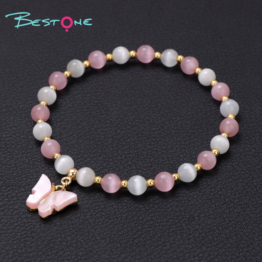 Two-Tone Cat Eye Beaded Bracelet with Gold Beads & Matching Butterfly Charm