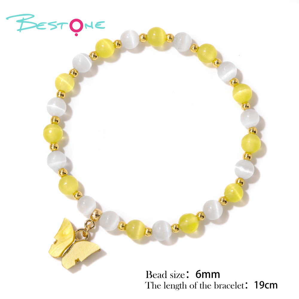 Two-Tone Cat Eye Beaded Bracelet with Gold Beads & Matching Butterfly Charm