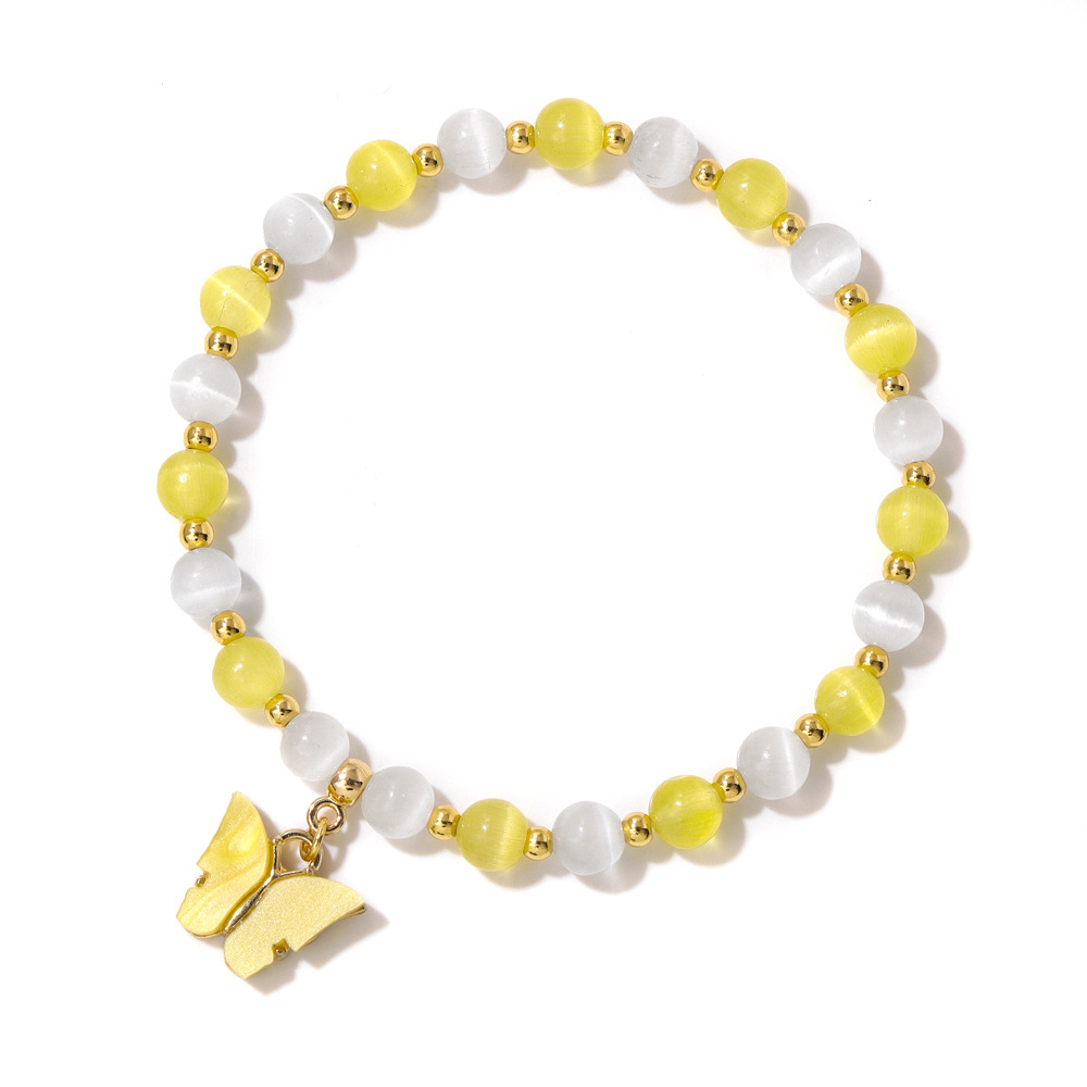 Two-Tone Cat Eye Beaded Bracelet with Gold Beads & Matching Butterfly Charm
