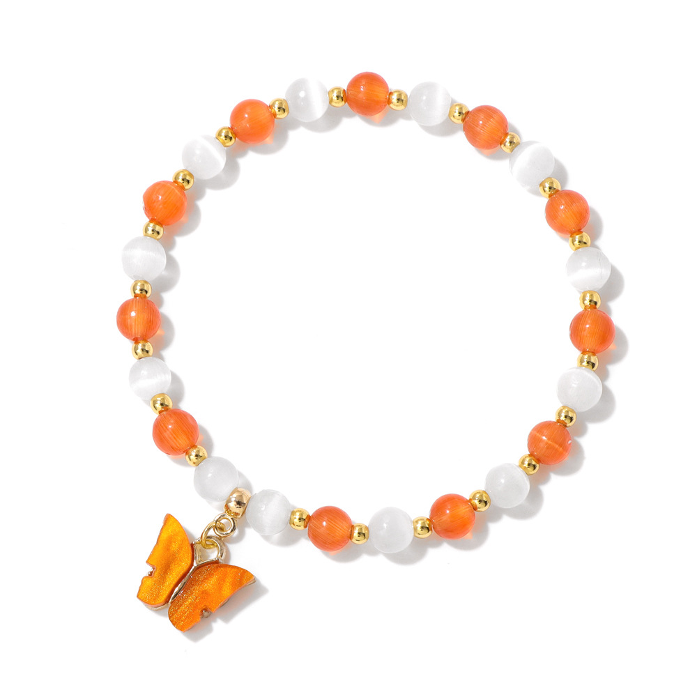 Two-Tone Cat Eye Beaded Bracelet with Gold Beads & Matching Butterfly Charm