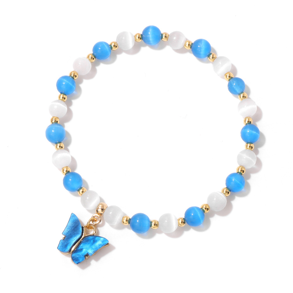 Two-Tone Cat Eye Beaded Bracelet with Gold Beads & Matching Butterfly Charm