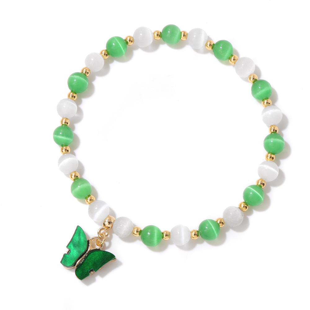 Two-Tone Cat Eye Beaded Bracelet with Gold Beads & Matching Butterfly Charm