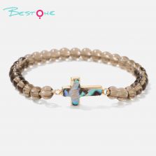 Smoky Quartz Beaded Stretch Bracelet with Abalone Shell Shape Accent