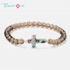 Smoky Quartz Beaded Stretch Bracelet with Abalone Shell Shape Accent