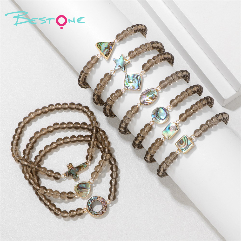 Smoky Quartz Beaded Stretch Bracelet with Abalone Shell Shape Accent