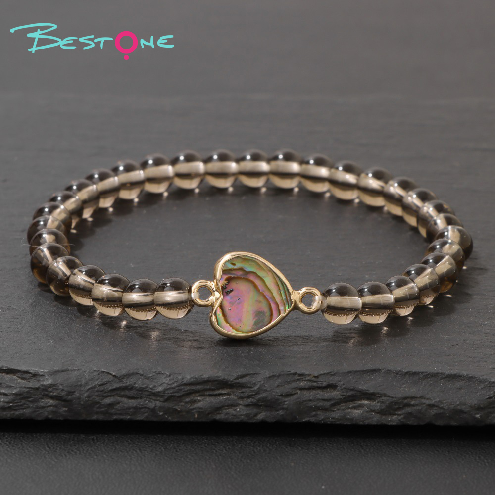 Smoky Quartz Beaded Stretch Bracelet with Abalone Shell Shape Accent