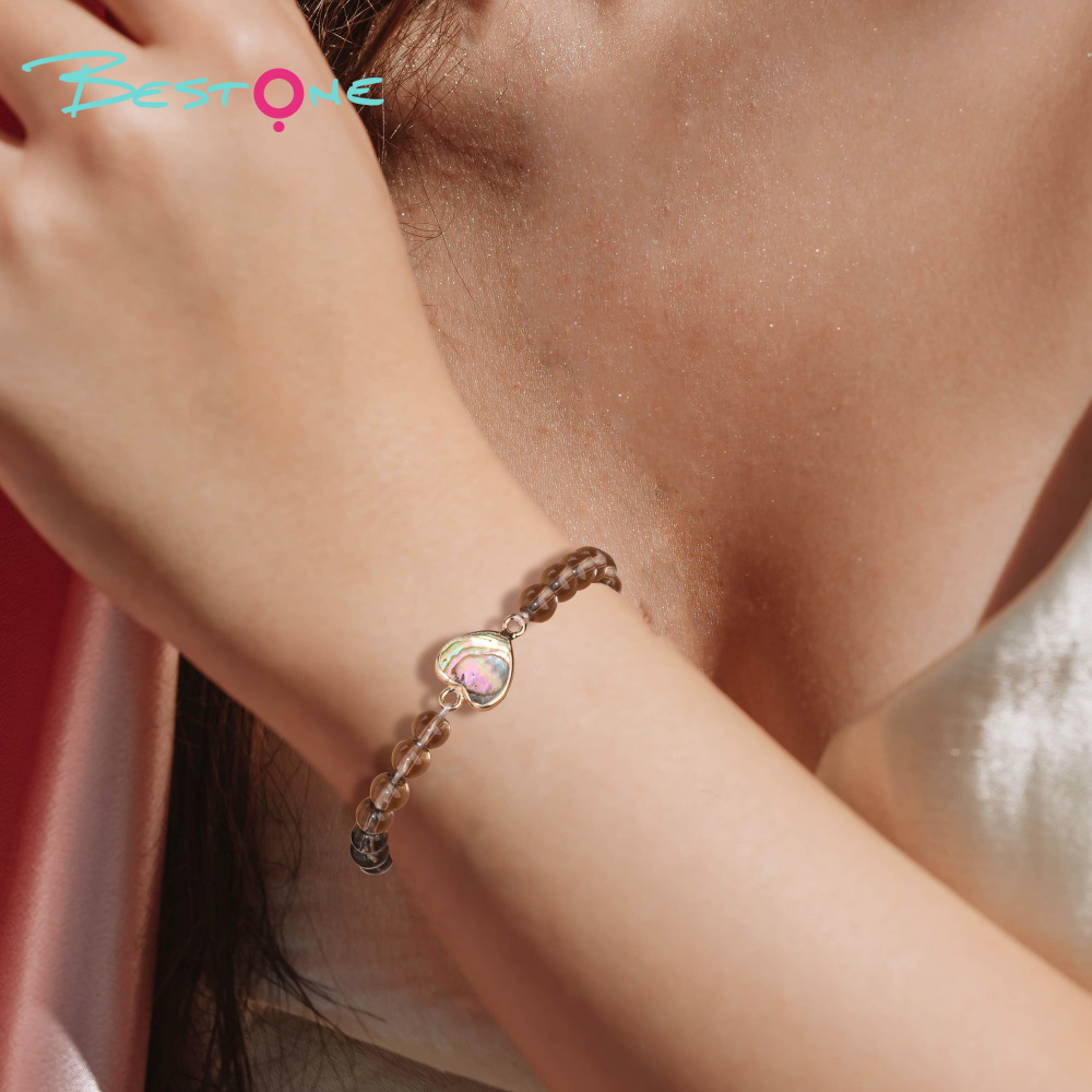 Smoky Quartz Beaded Stretch Bracelet with Abalone Shell Shape Accent