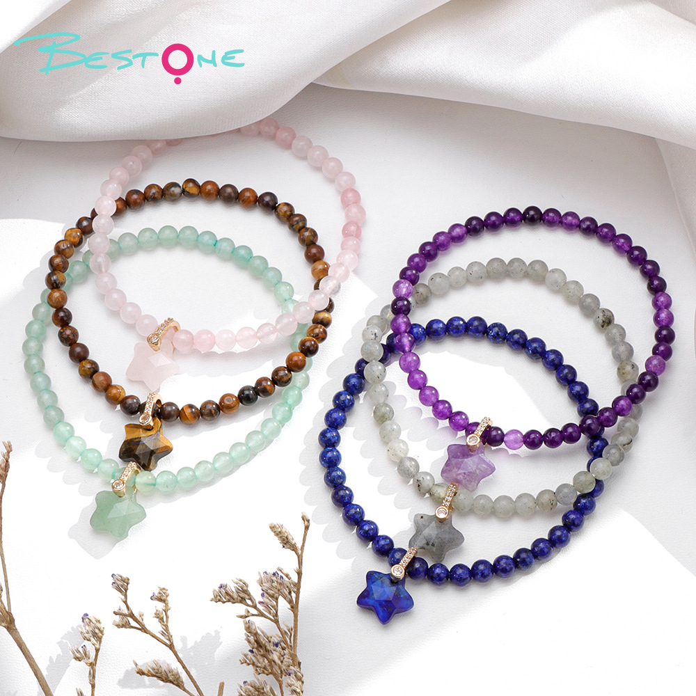 Gemstone Beaded Stretch Bracelet with Matching Star Charm