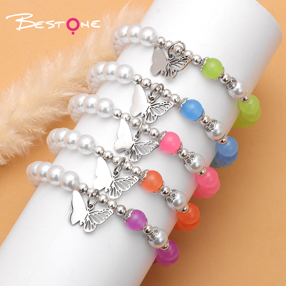 Color Stone & Faux Pearl Stretch Bracelet with Silver Beads and Butterfly Accent