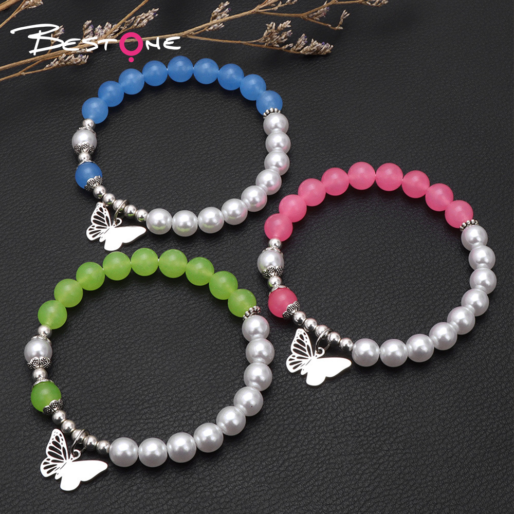 Color Stone & Faux Pearl Stretch Bracelet with Silver Beads and Butterfly Accent