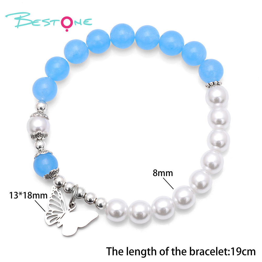 Color Stone & Faux Pearl Stretch Bracelet with Silver Beads and Butterfly Accent