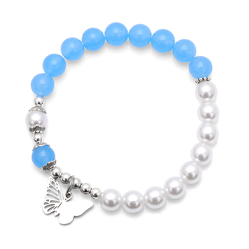 Color Stone & Faux Pearl Stretch Bracelet with Silver Beads and Butterfly Accent