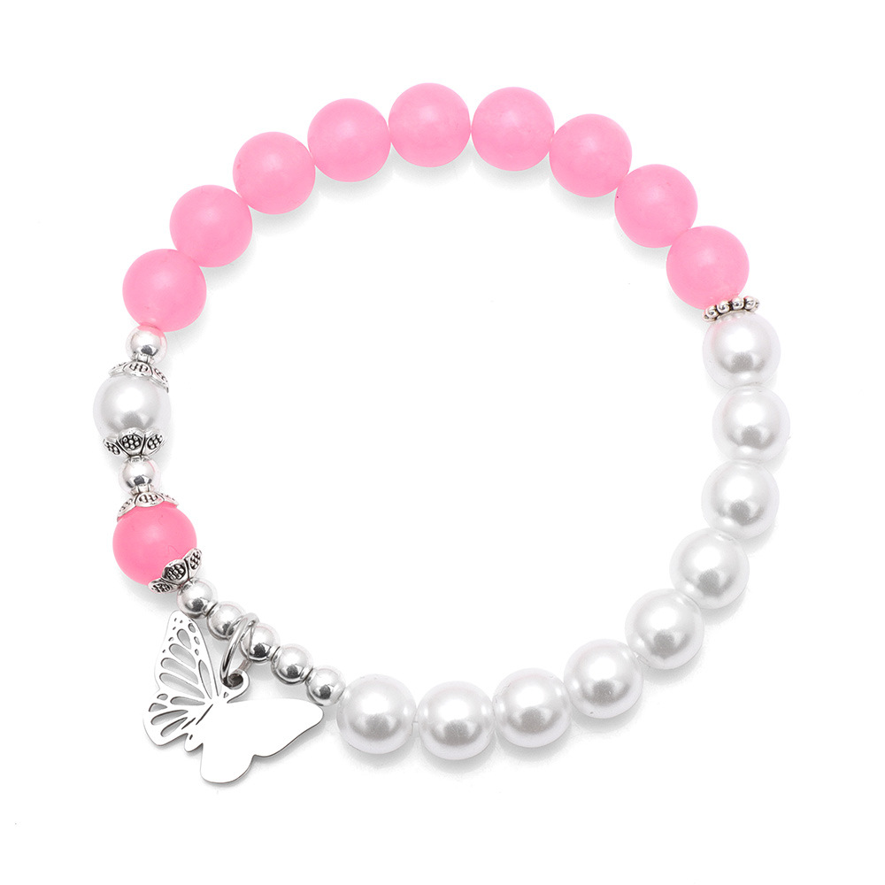 Color Stone & Faux Pearl Stretch Bracelet with Silver Beads and Butterfly Accent