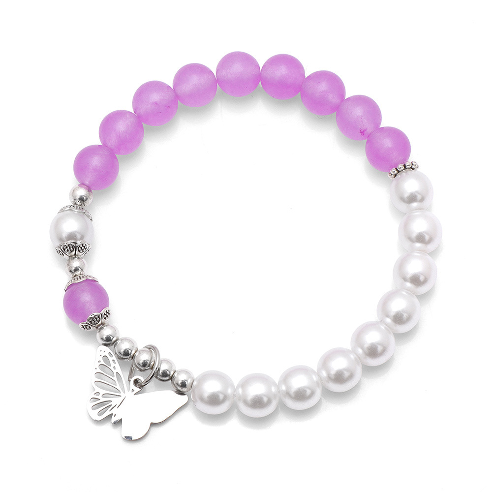 Color Stone & Faux Pearl Stretch Bracelet with Silver Beads and Butterfly Accent
