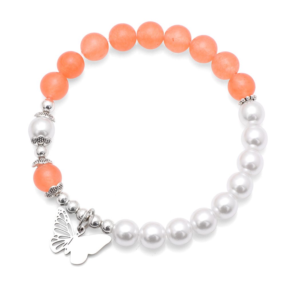 Color Stone & Faux Pearl Stretch Bracelet with Silver Beads and Butterfly Accent
