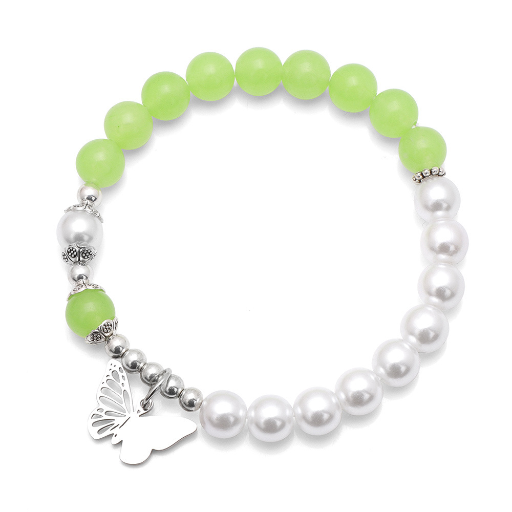 Color Stone & Faux Pearl Stretch Bracelet with Silver Beads and Butterfly Accent