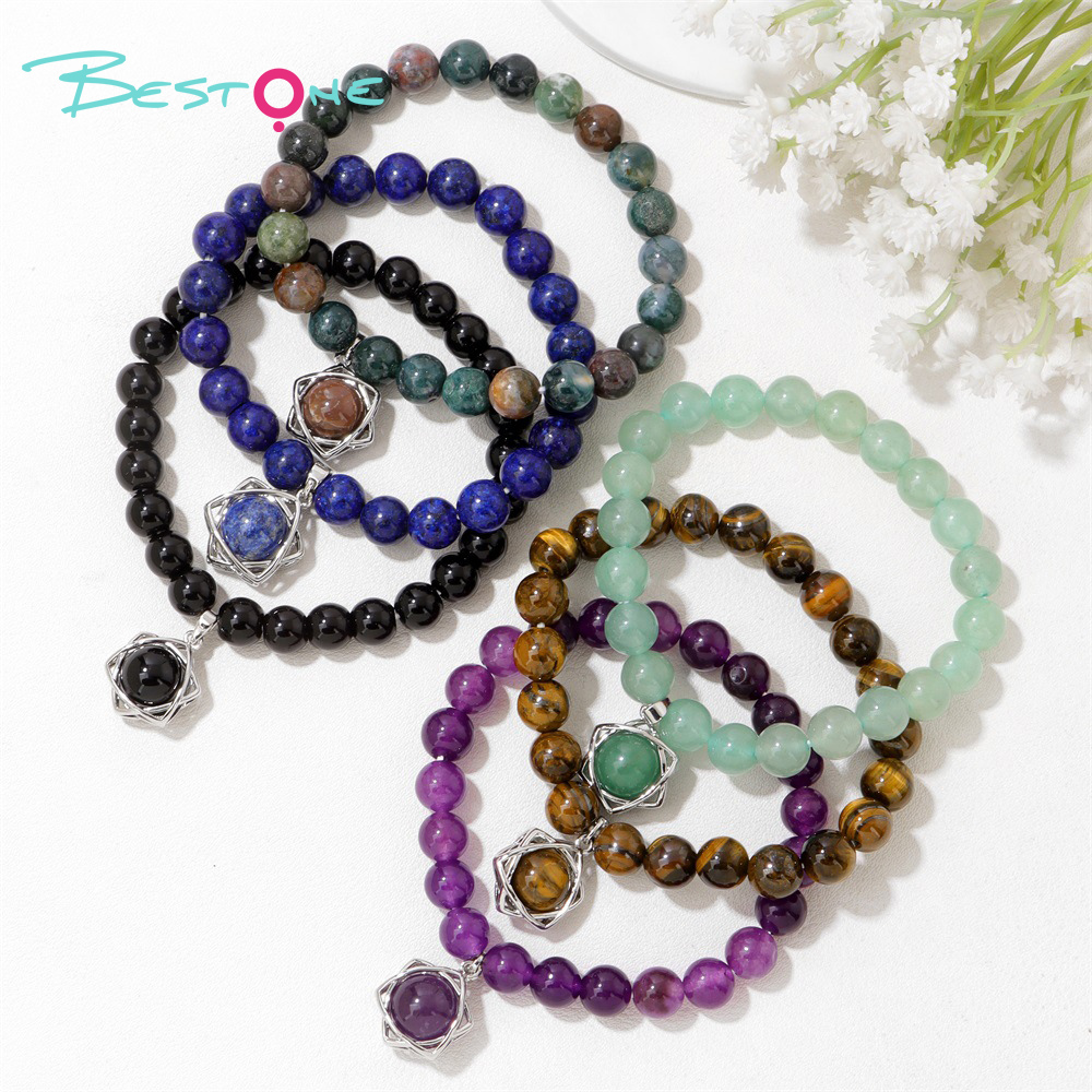 Gemstone Beaded Stretch Bracelet with Matching Hexagram Star Pendant
