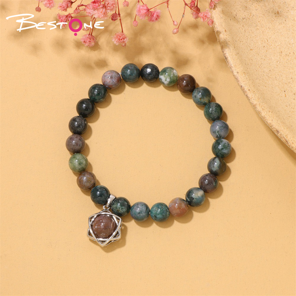 Gemstone Beaded Stretch Bracelet with Matching Hexagram Star Pendant