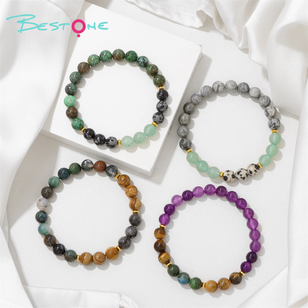 Mixed Gemstone Beaded Stretch Bracelet with Gold Spacers