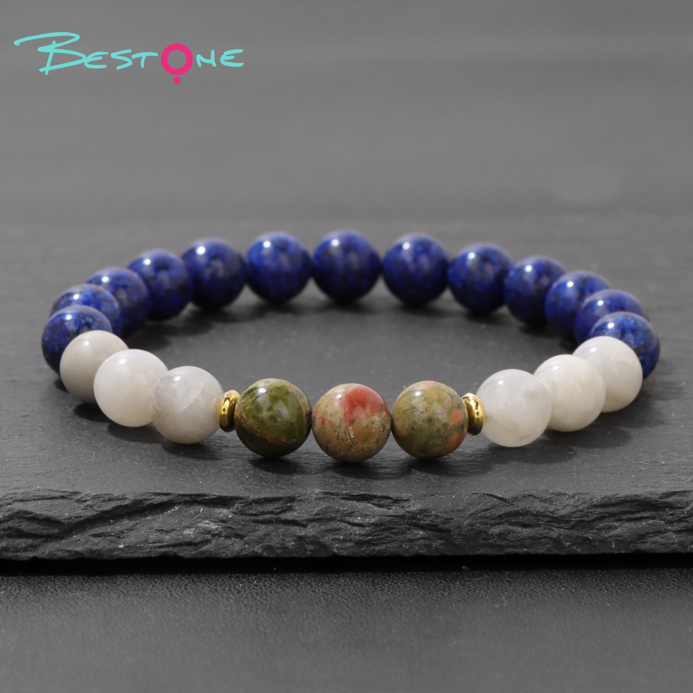 Mixed Gemstone Beaded Stretch Bracelet with Gold Spacers