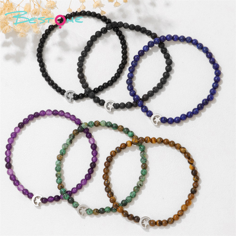 Star & Moon Gemstone Stretch Bracelet (4mm Beads, Multiple Stones, 17–21cm +2)