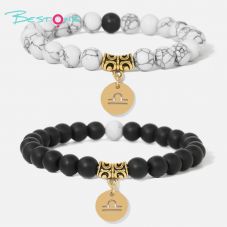 Zodiac Stretch Bracelet Collection (8mm Matte Black Glass & Synthetic White Turquoise, 12 Signs, 19cm+2)