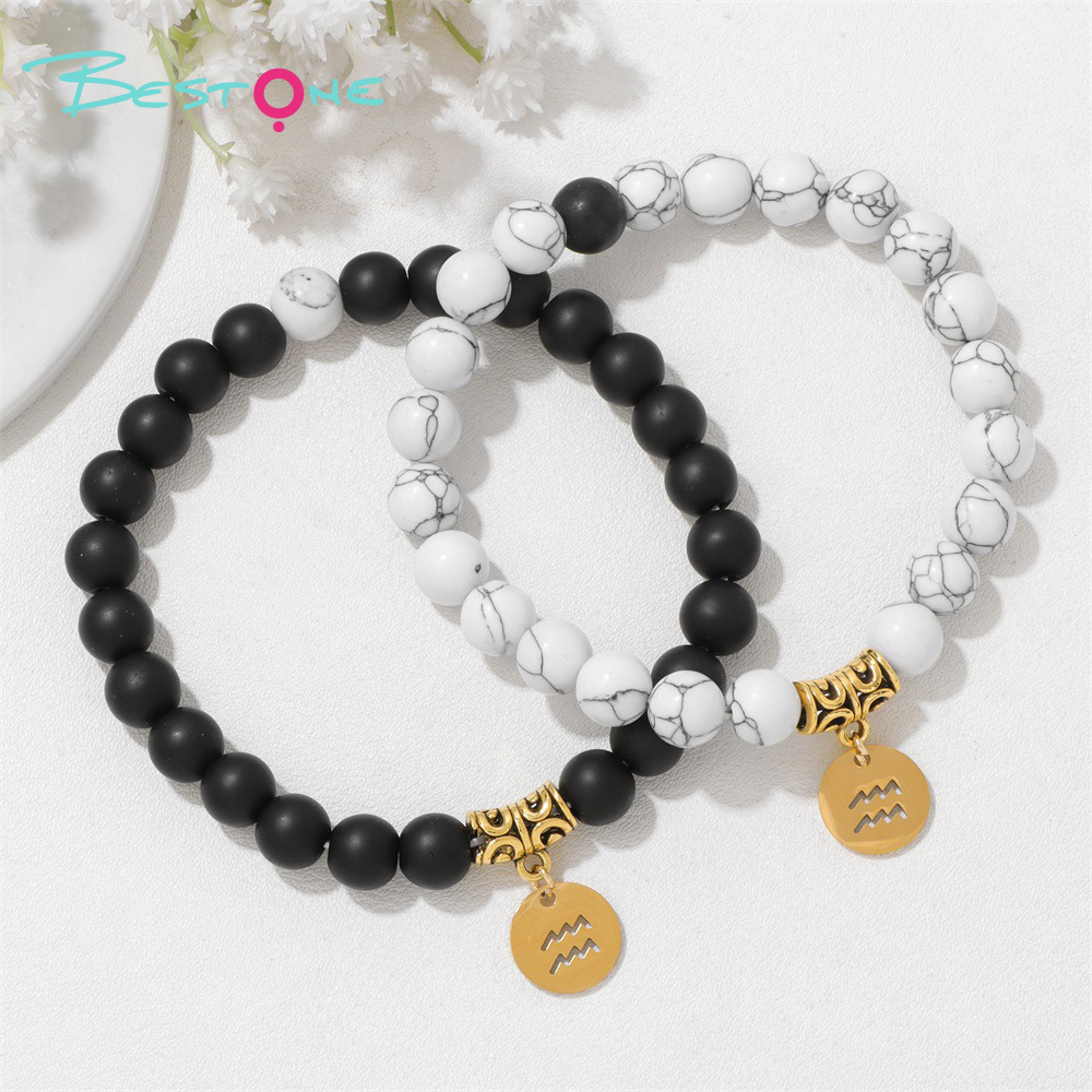 Zodiac Stretch Bracelet Collection (8mm Matte Black Glass & Synthetic White Turquoise, 12 Signs, 19cm+2)
