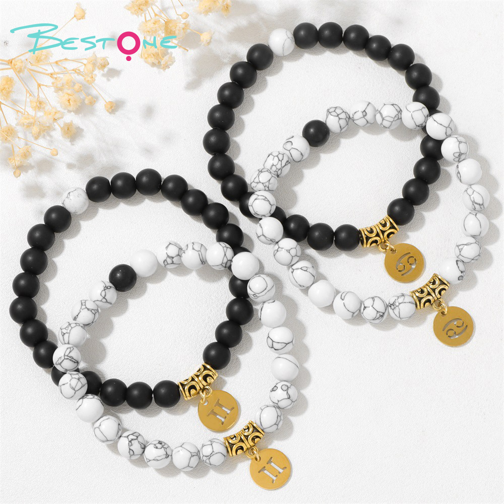 Zodiac Stretch Bracelet Collection (8mm Matte Black Glass & Synthetic White Turquoise, 12 Signs, 19cm+2)