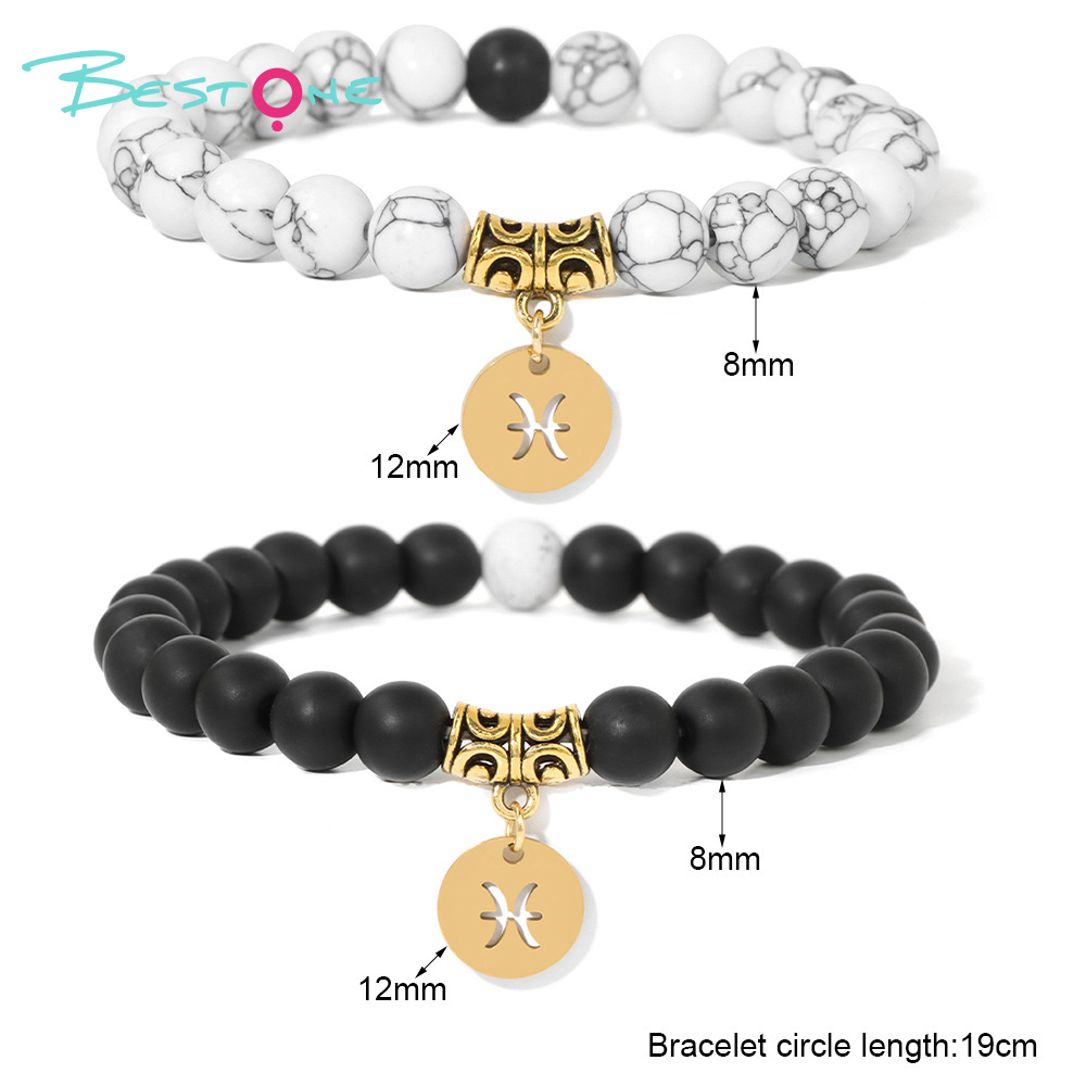 Zodiac Stretch Bracelet Collection (8mm Matte Black Glass & Synthetic White Turquoise, 12 Signs, 19cm+2)