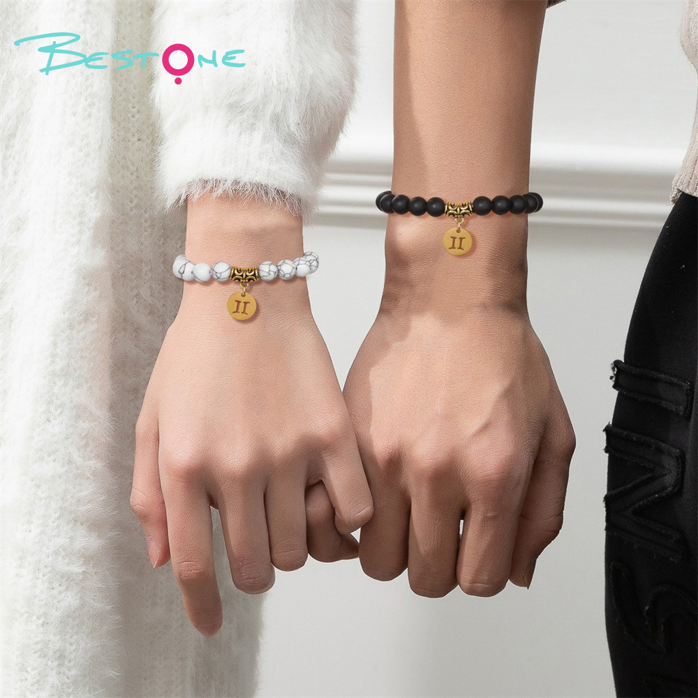 Zodiac Stretch Bracelet Collection (8mm Matte Black Glass & Synthetic White Turquoise, 12 Signs, 19cm+2)