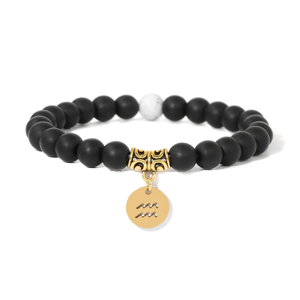 Zodiac Stretch Bracelet Collection (8mm Matte Black Glass & Synthetic White Turquoise, 12 Signs, 19cm+2)