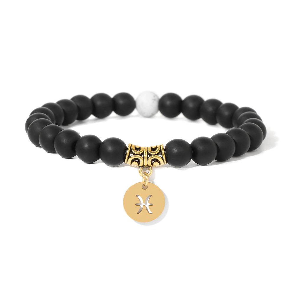 Zodiac Stretch Bracelet Collection (8mm Matte Black Glass & Synthetic White Turquoise, 12 Signs, 19cm+2)