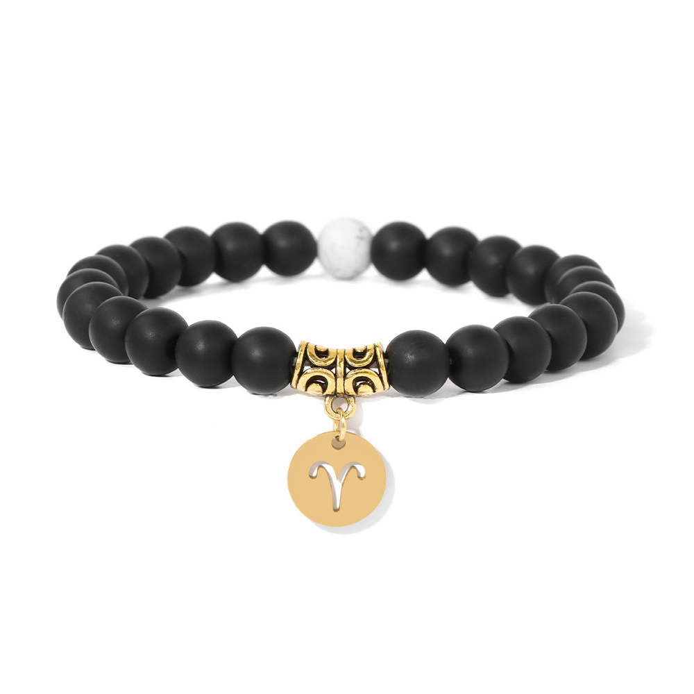 Zodiac Stretch Bracelet Collection (8mm Matte Black Glass & Synthetic White Turquoise, 12 Signs, 19cm+2)