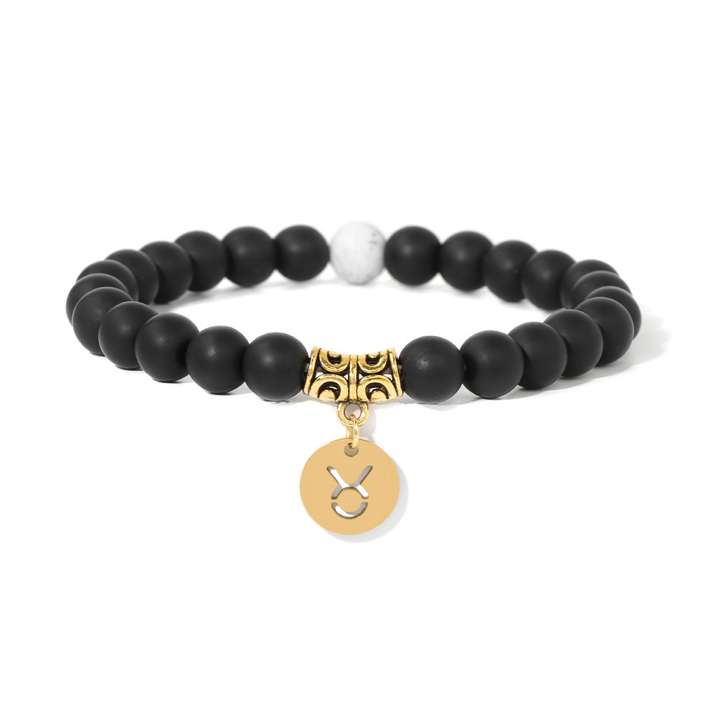 Zodiac Stretch Bracelet Collection (8mm Matte Black Glass & Synthetic White Turquoise, 12 Signs, 19cm+2)