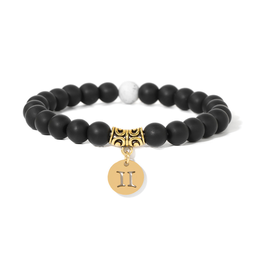 Zodiac Stretch Bracelet Collection (8mm Matte Black Glass & Synthetic White Turquoise, 12 Signs, 19cm+2)