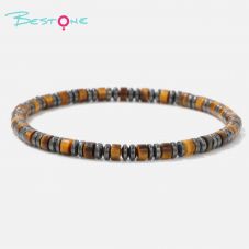 Mixed Chip Spacer Stone Stretch Bracelet with Black Agate Flat Beads