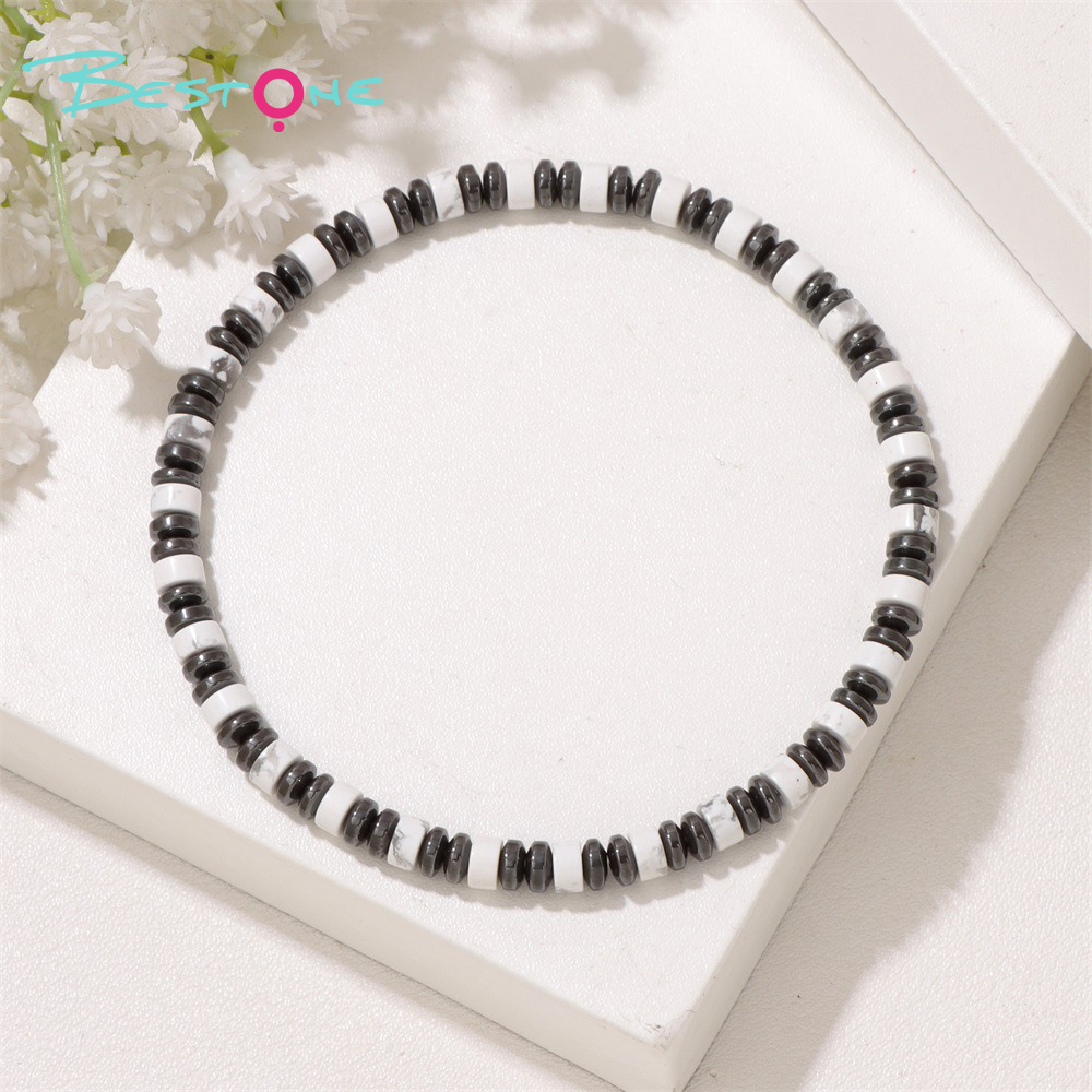 Mixed Chip Spacer Stone Stretch Bracelet with Black Agate Flat Beads