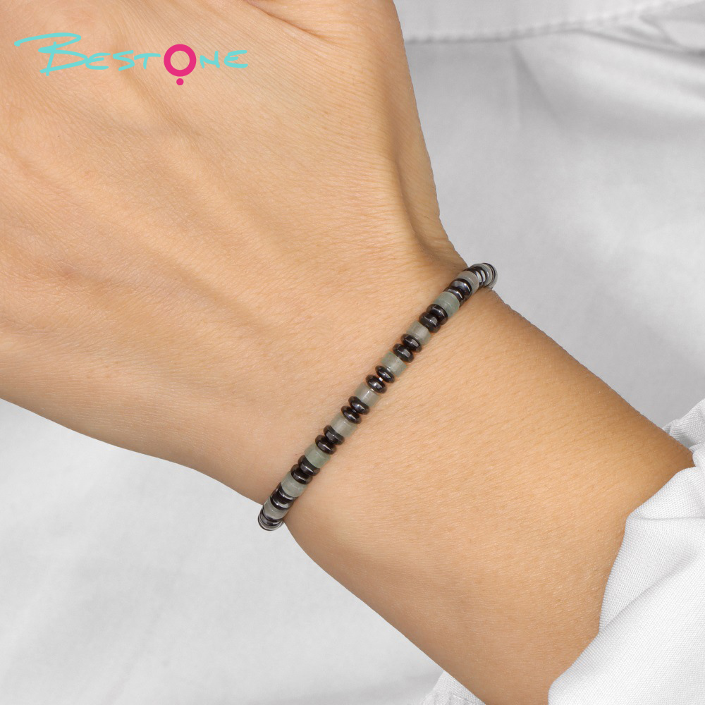 Mixed Chip Spacer Stone Stretch Bracelet with Black Agate Flat Beads