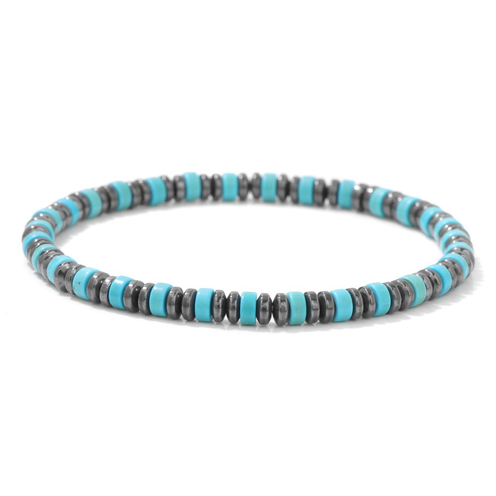 Mixed Chip Spacer Stone Stretch Bracelet with Black Agate Flat Beads