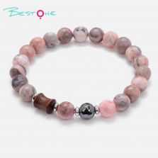 Wood Bead Stretch Bracelet with One Faceted Black Agate Accent