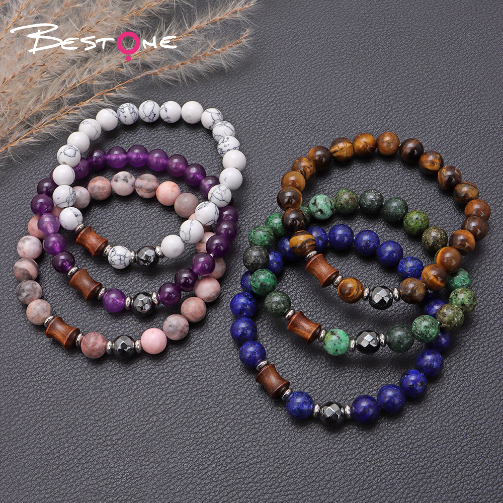 Wood Bead Stretch Bracelet with One Faceted Black Agate Accent