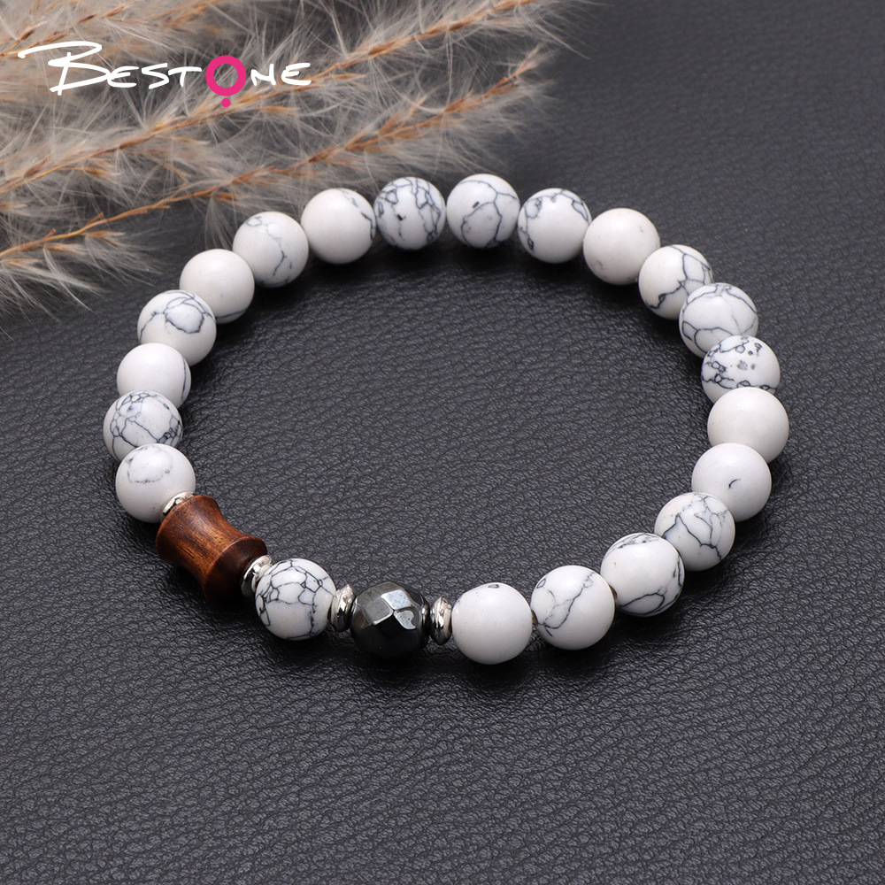 Wood Bead Stretch Bracelet with One Faceted Black Agate Accent